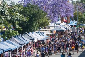 Hàng năm, ở đây cũng diễn ra lễ hội phượng tím kéo dài khoảng 10 ngày với các hoạt động như diễu hành đường phố, đêm nhạc, thả khinh khí cầu... Lễ hội năm nay bắt đầu từ ngày 25/10 đến hết 3/11. Ảnh: Jacaranda Festival.