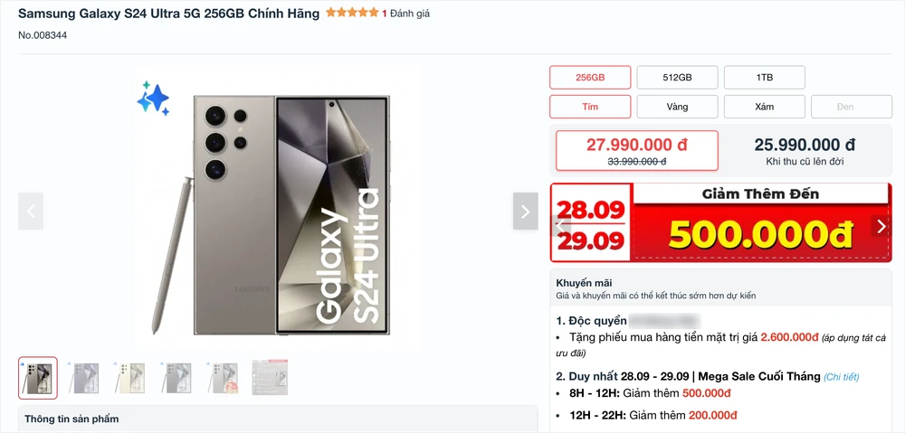 Galaxy S24 Ultra giảm chỉ còn 27,9 triệu đồng. Ảnh chụp màn hình Galaxy S24 Ultra giảm chỉ còn 27,9 triệu đồng. Ảnh chụp màn hình