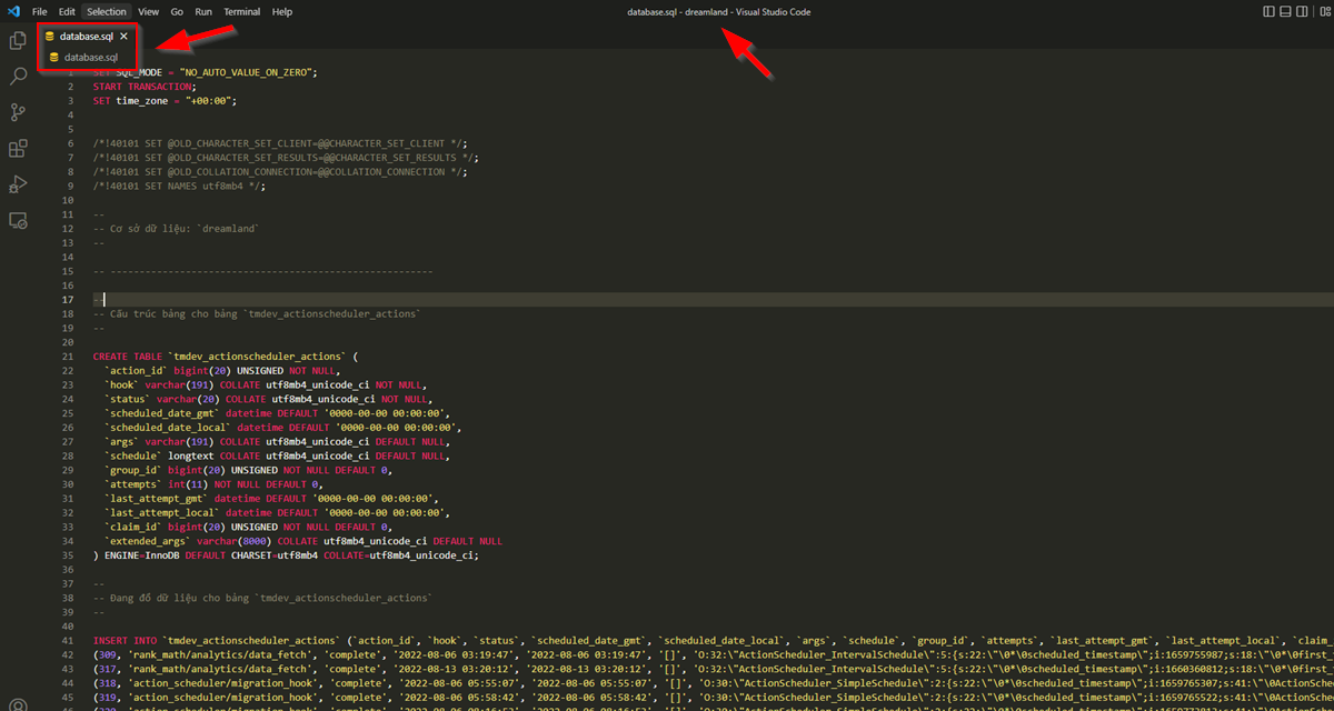 Diệt virus cho web wordpress - Thiết kế website Quảng Bình Web mo-database.sql-trong-Visual-Studio-Code