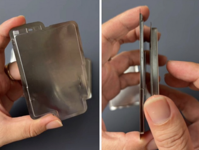 iPhone 17 Air sử dụng pin mỏng nhất từ trước đến nay của Apple Viên pin của iPhone 17 Air và khi so sánh với iPhone 17 Pro. Ảnh: Lanzuk/Naver