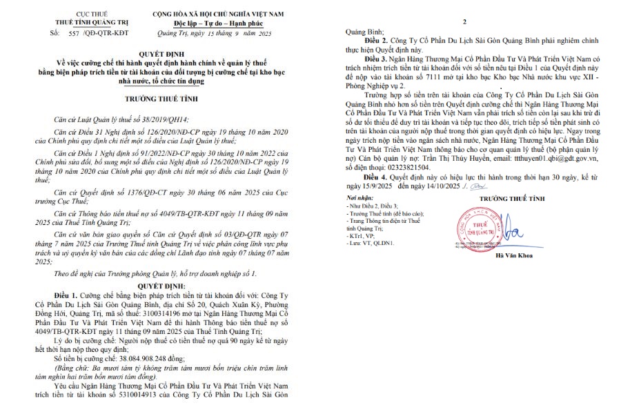 Quyết định cưỡng chế thuế của Thuế tỉnh Quảng Trị đối với Công ty CP Du lịch Sài Gòn Quảng Bình.