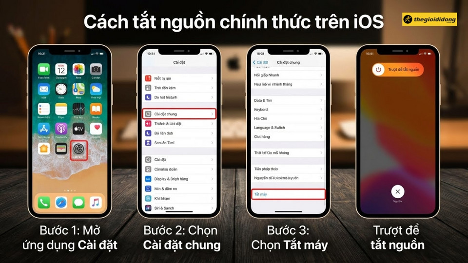Detailed instructions from older models to iPhone 16 and 17. Tắt nguồn trong cài đặt iOS